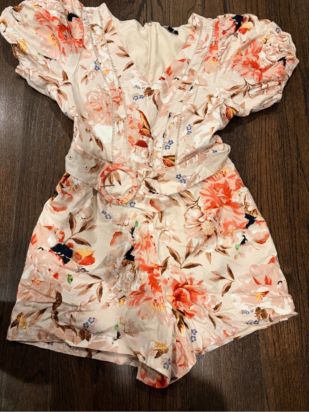 Express Blush Peach Floral Puff Sleeve Romper
